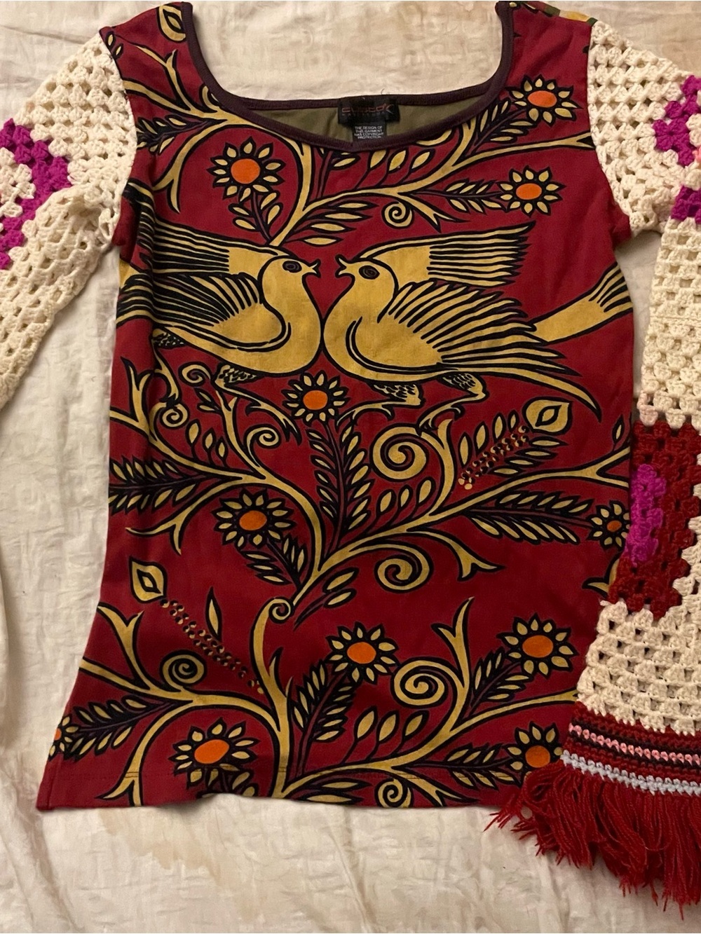 Custo Barcelona Red Scoop Neck Top with Gold Bird Print
